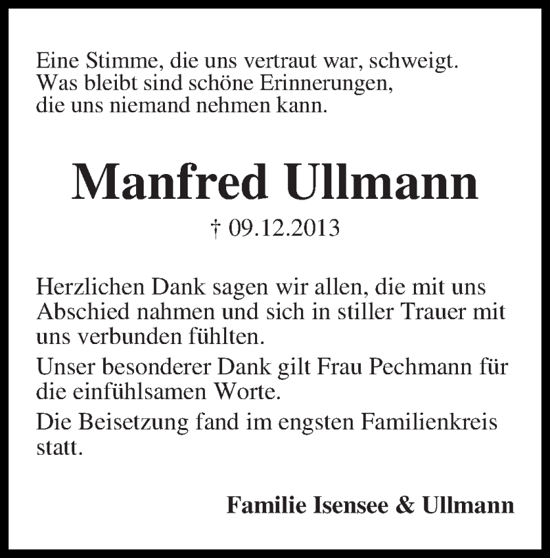  Traueranzeige für Manfred Ullmann vom 18.01.2014 aus WESER-KURIER
