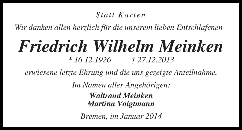 Traueranzeige von Friedrich Wilhelm Meinken von WESER-KURIER