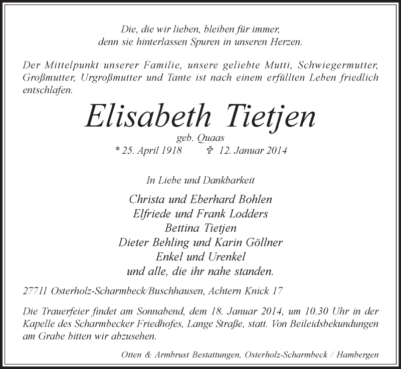 Traueranzeige von Elisabeth Tietjen von WESER-KURIER