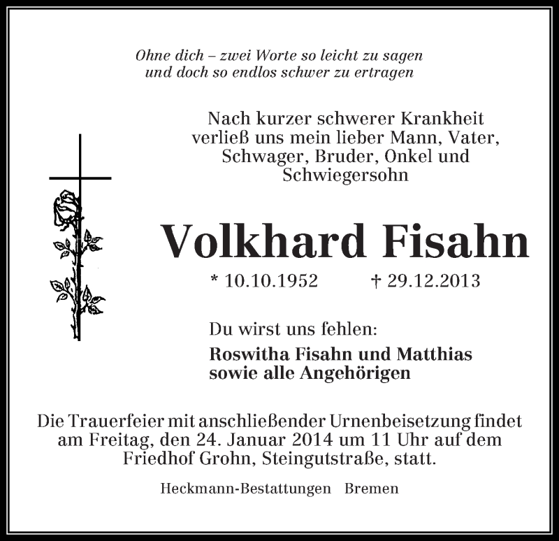 Traueranzeige für Volkhard Fisahn vom 18.01.2014 aus WESER-KURIER
