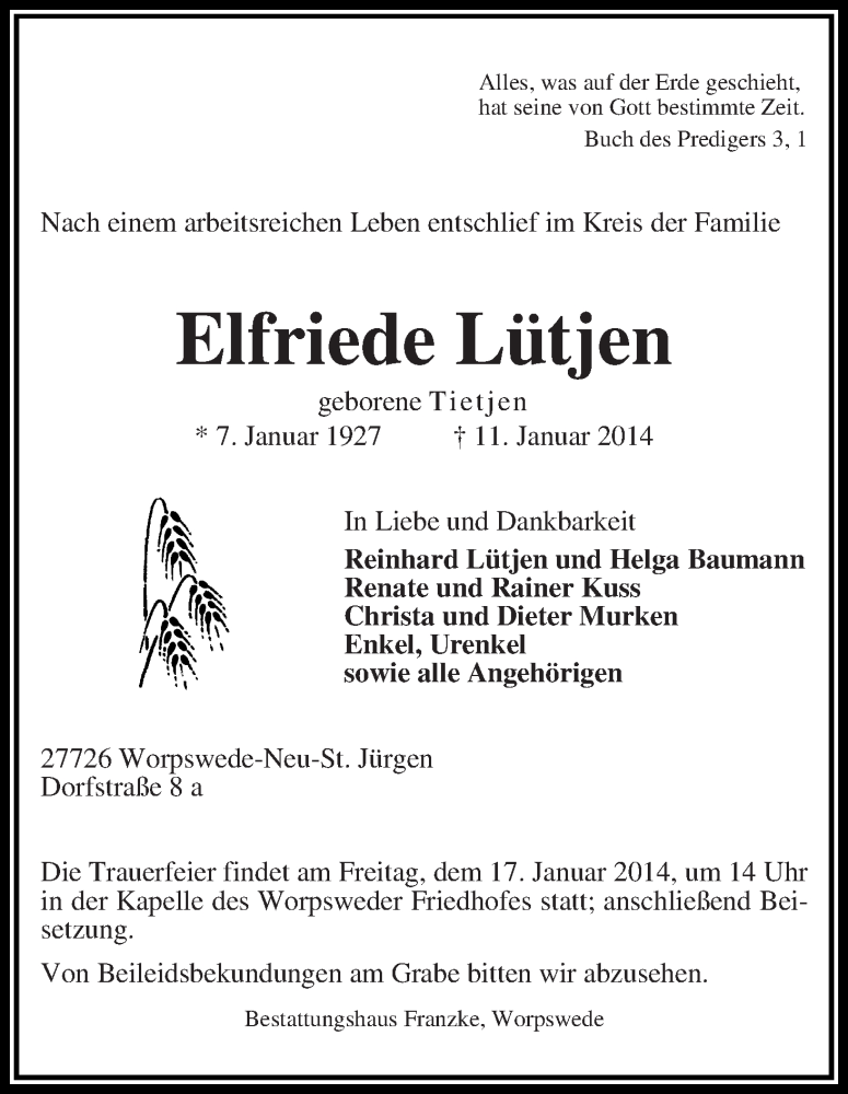 Traueranzeige von Elfriede Lütjen von WESER-KURIER