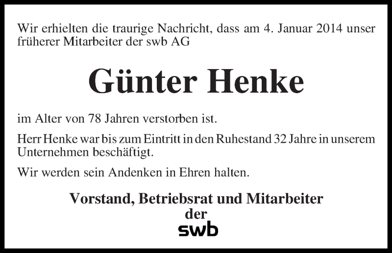 Traueranzeige von Günter Henke von WESER-KURIER