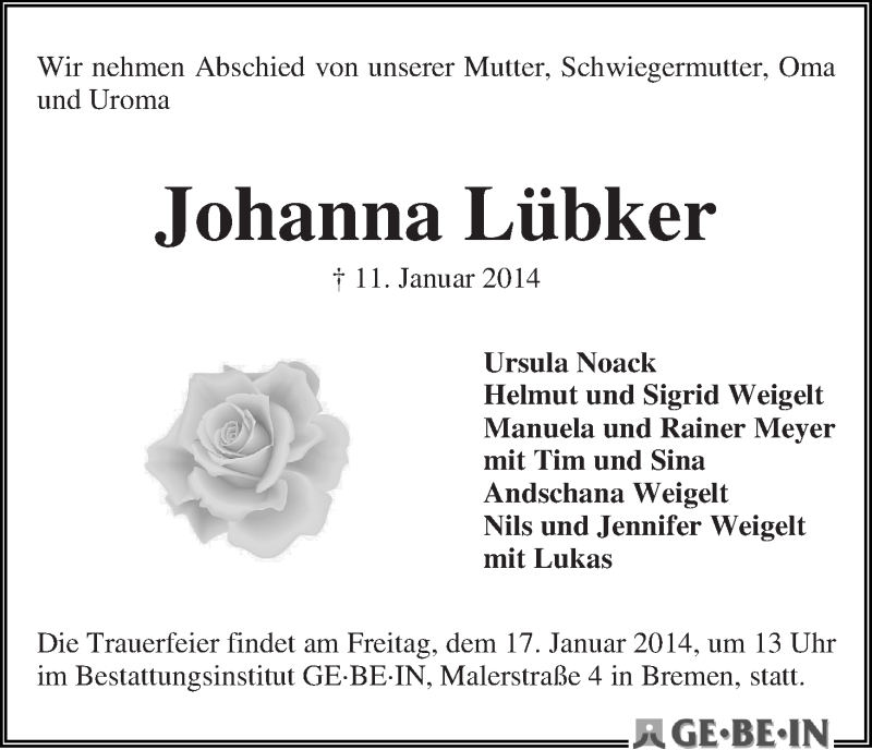 Traueranzeige von Johanna Lübker von WESER-KURIER