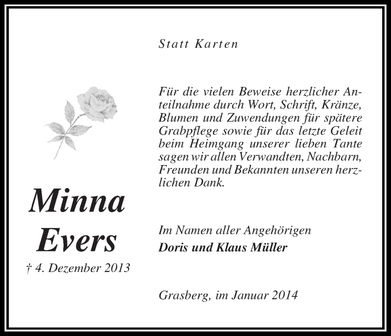 Traueranzeige von Minna Evers von WESER-KURIER