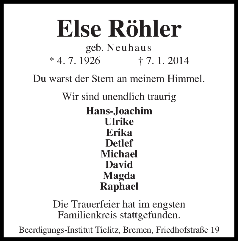 Traueranzeige von Else Röhler von WESER-KURIER