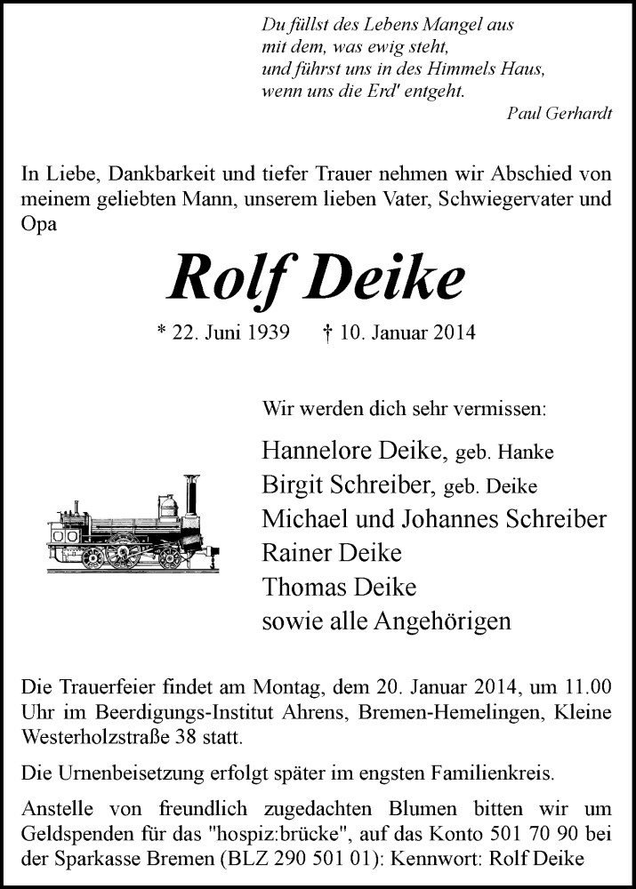 Traueranzeige von Rolf Deike von WESER-KURIER