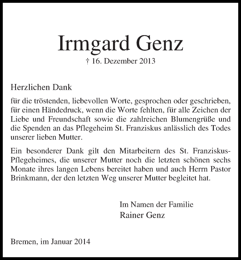  Traueranzeige für Irmgard Genz vom 15.01.2014 aus WESER-KURIER