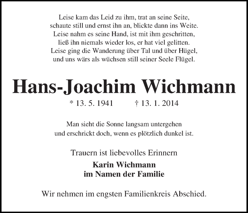 Traueranzeige von Hans-Joachim Wichmann von WESER-KURIER