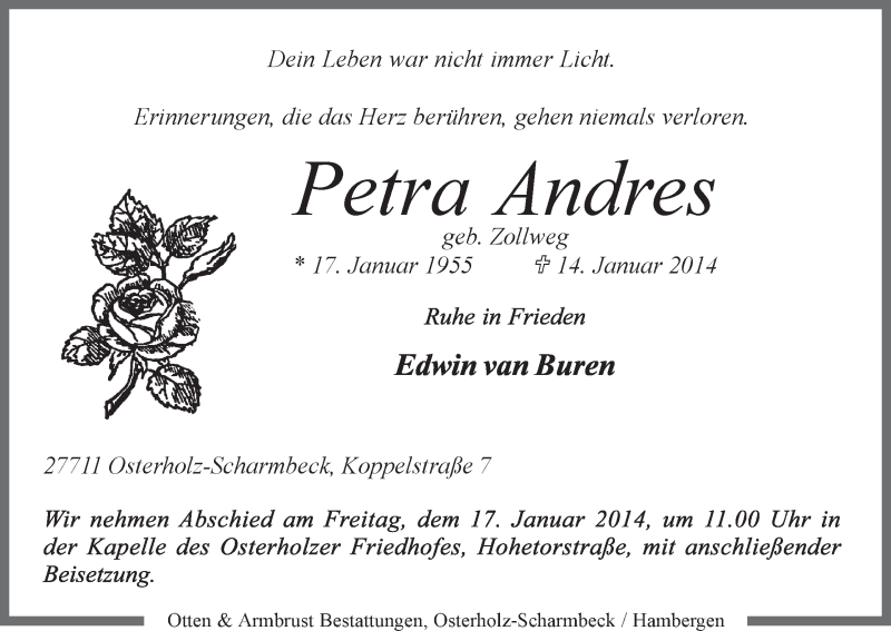  Traueranzeige für Petra Andres vom 15.01.2014 aus WESER-KURIER