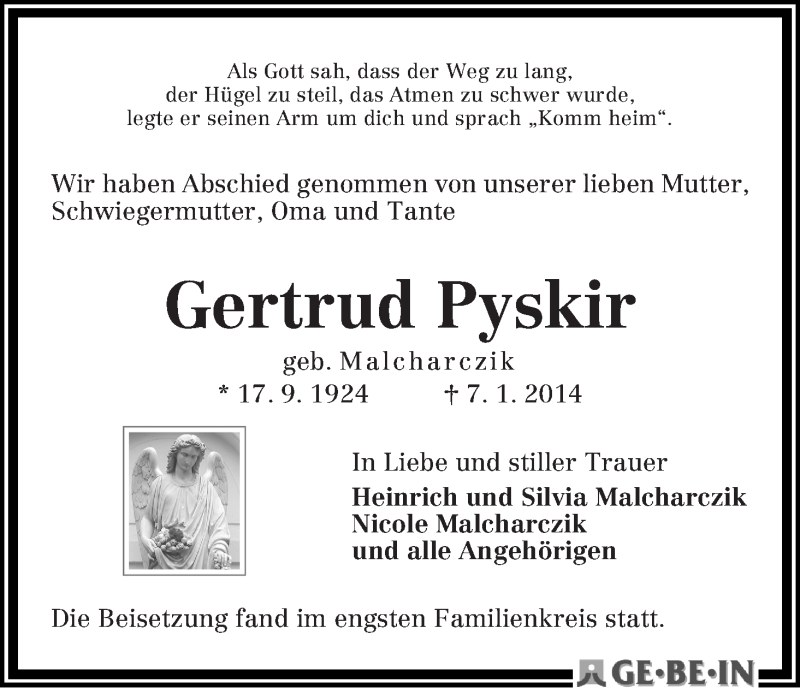 Traueranzeige von Gertrud Pyskir von WESER-KURIER
