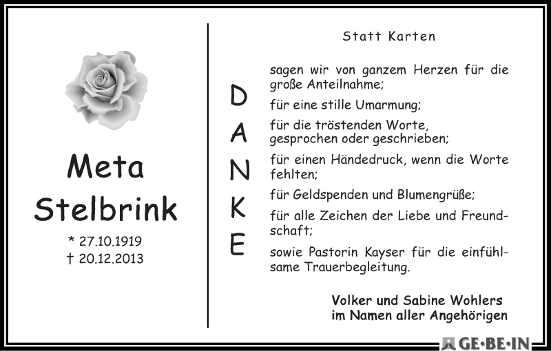 Traueranzeige von Meta Stelbrink von WESER-KURIER