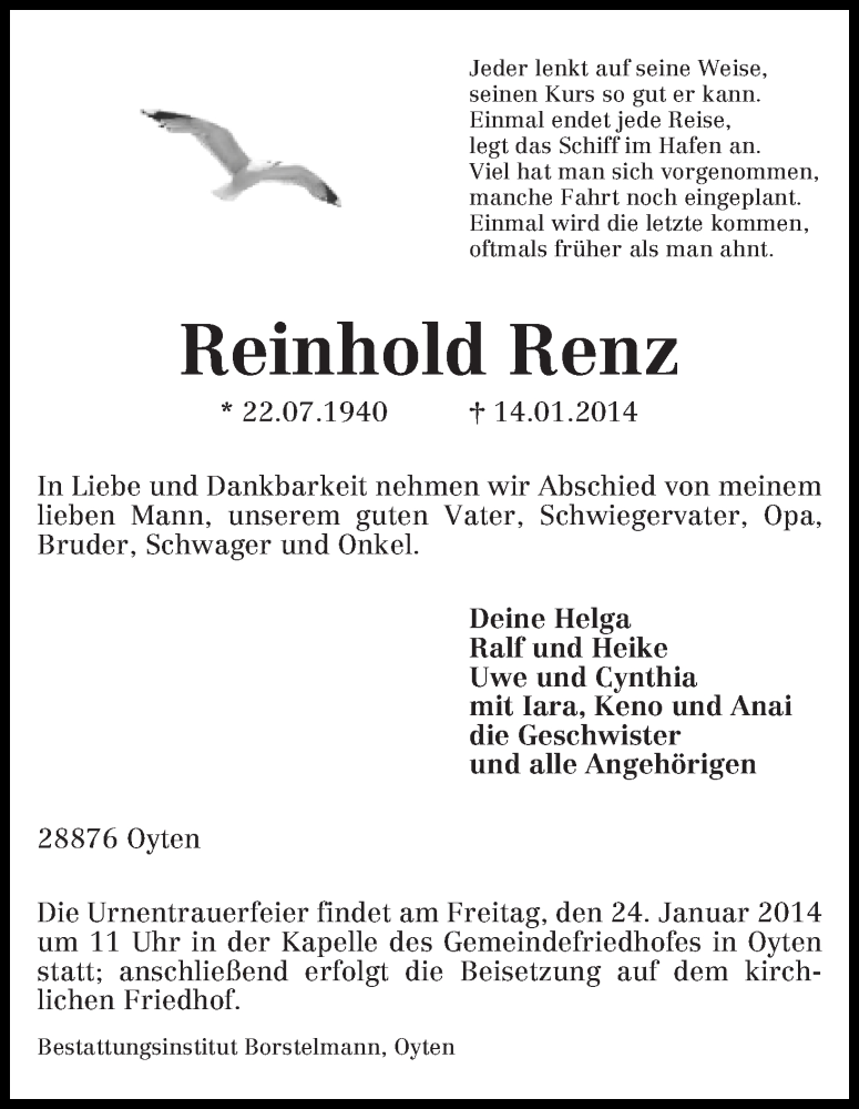  Traueranzeige für Reinhold Renz vom 16.01.2014 aus WESER-KURIER