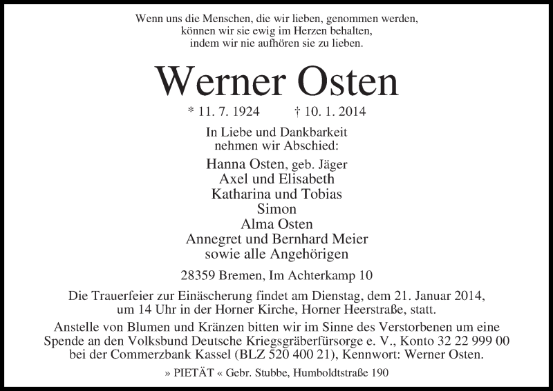 Traueranzeige von Werner Osten von WESER-KURIER