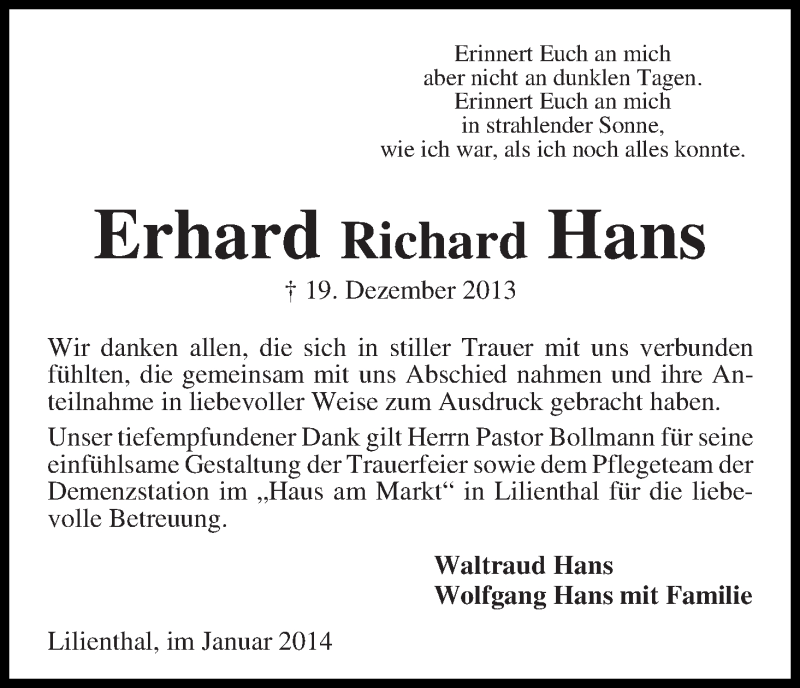 Traueranzeige von Erhard Richard Hans von WESER-KURIER