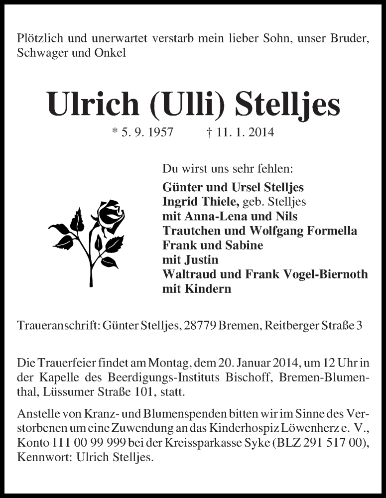 Traueranzeige von Ulrich Stelljes von WESER-KURIER