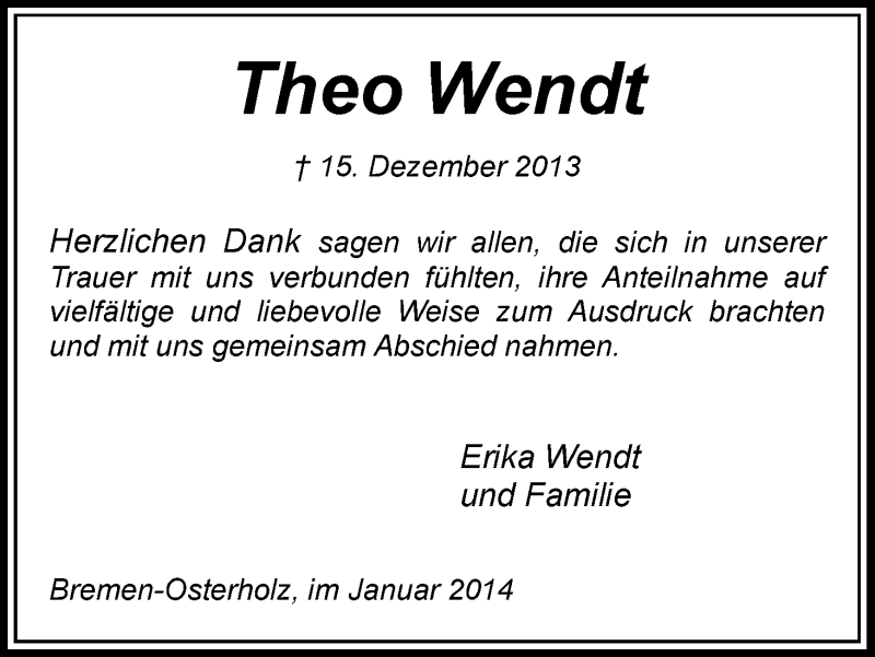 Traueranzeige von Theo Wendt von WESER-KURIER