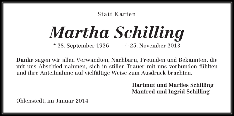 Traueranzeige von Martha Schilling von WESER-KURIER
