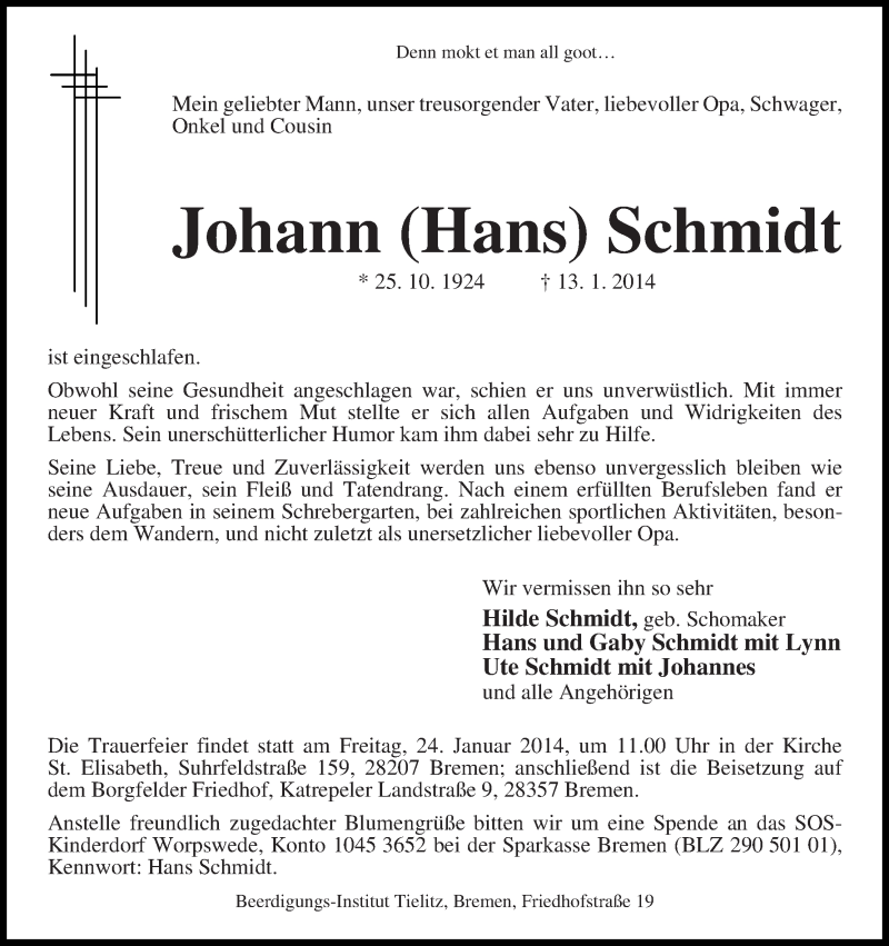 Traueranzeige von Johann Schmidt von WESER-KURIER