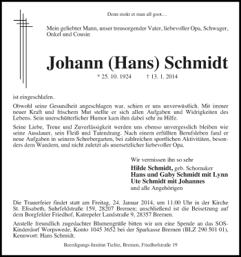Traueranzeige von Johann Schmidt