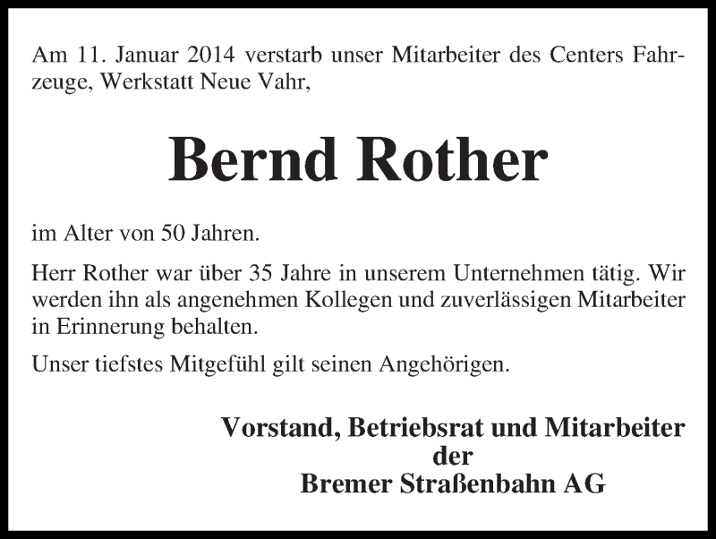 Traueranzeige von Bernd Rother von WESER-KURIER