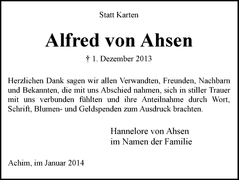 Traueranzeige von Alfred von Ahsen von WESER-KURIER