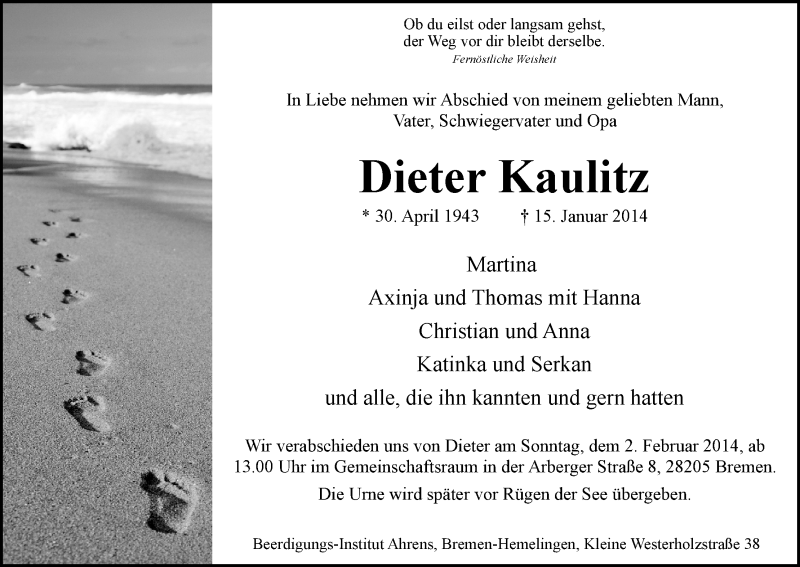 Traueranzeige von Dieter Kaulitz von WESER-KURIER