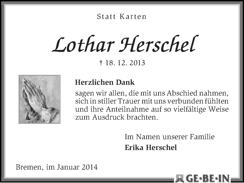 Traueranzeige von Lothar Herschel von WESER-KURIER