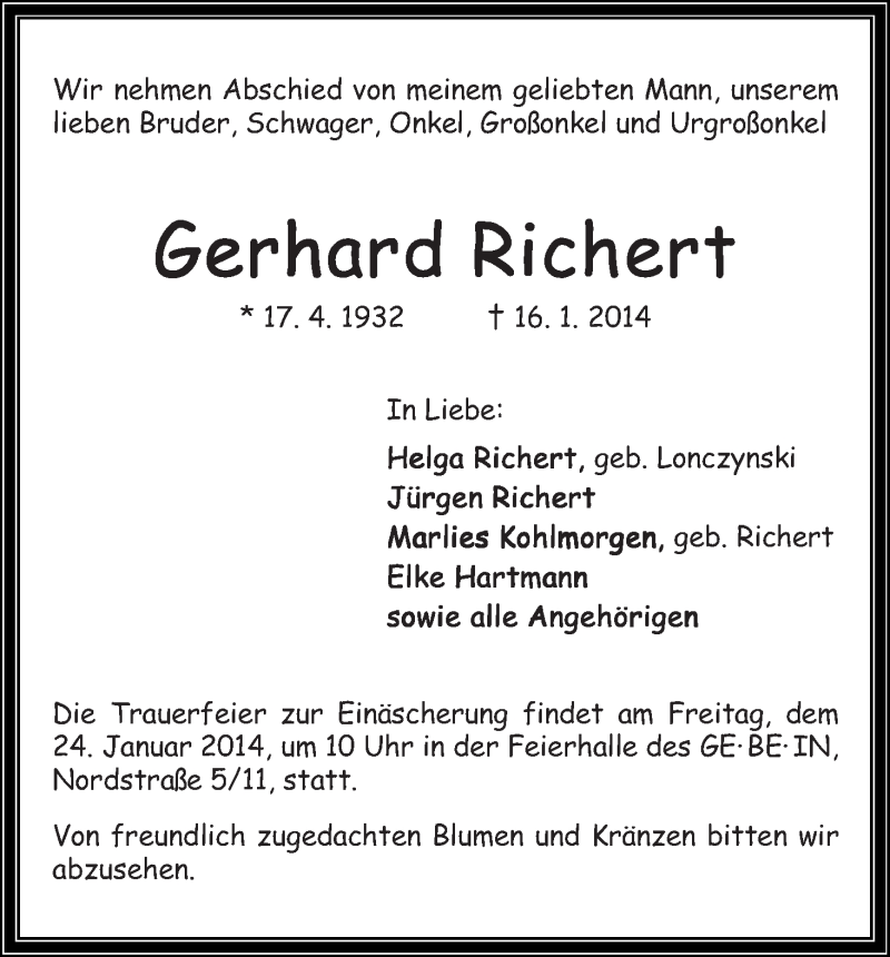 Traueranzeige von Gerhard Richert von WESER-KURIER