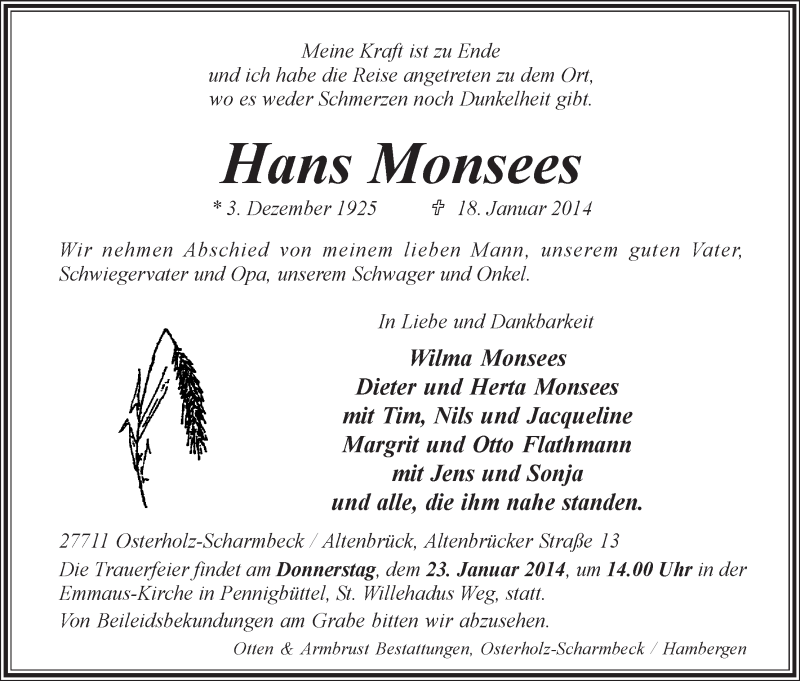 Traueranzeige von Hans Monsees von WESER-KURIER