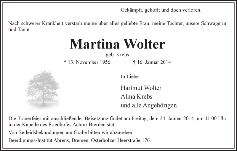 Traueranzeige von Martina Wolter von WESER-KURIER