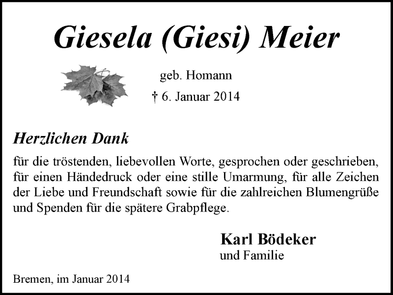 Traueranzeige von Giesela Meier von WESER-KURIER