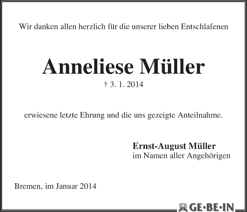 Traueranzeige von Anneliese Müller von WESER-KURIER
