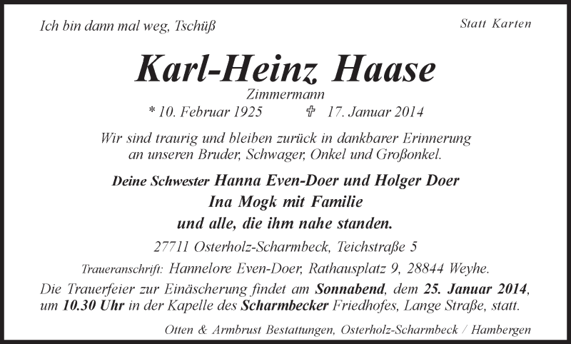 Traueranzeige von Karl-Heinz Haase von WESER-KURIER