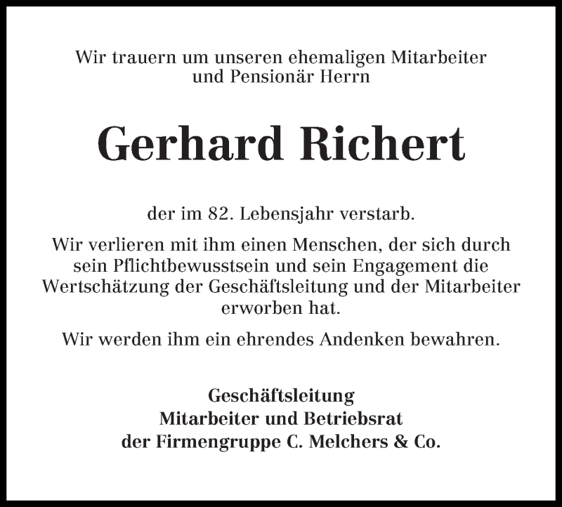 Traueranzeige von Gerhard Richert von WESER-KURIER