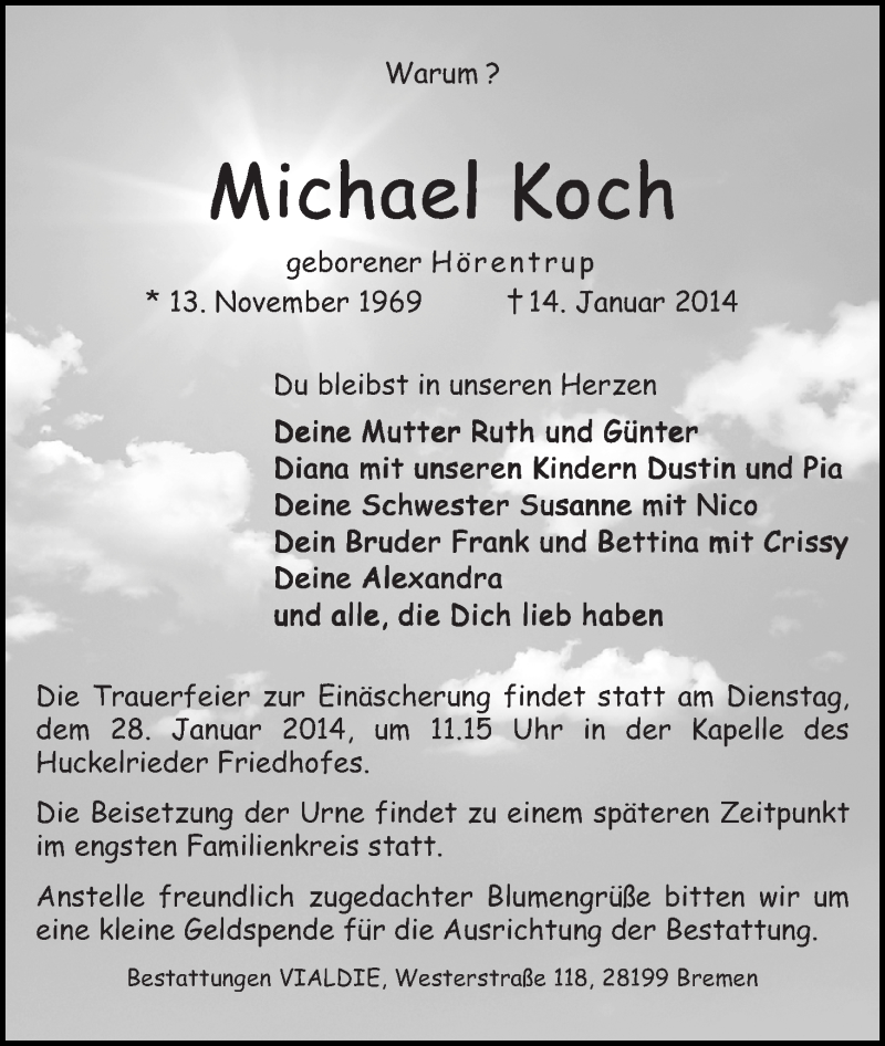  Traueranzeige für Michael Koch vom 22.01.2014 aus WESER-KURIER