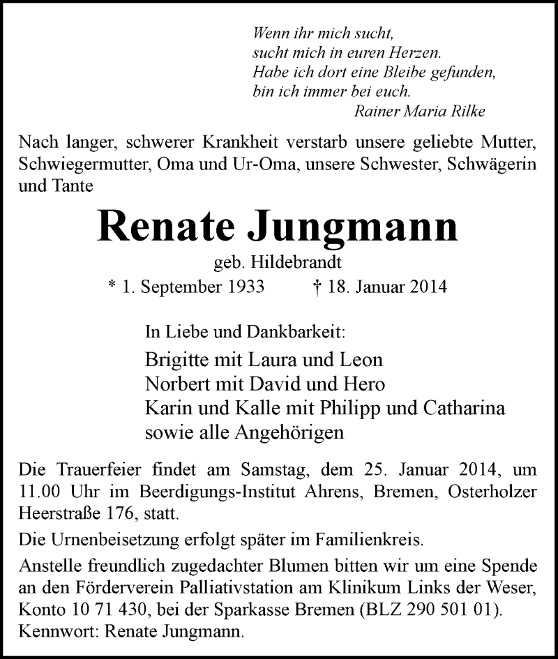 Traueranzeige von Renate Jungmann von WESER-KURIER