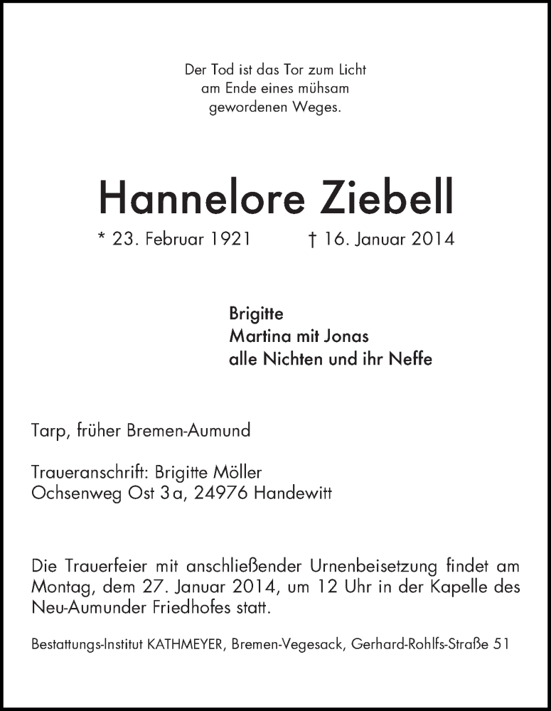 Traueranzeige von Hannelore Ziebell von WESER-KURIER