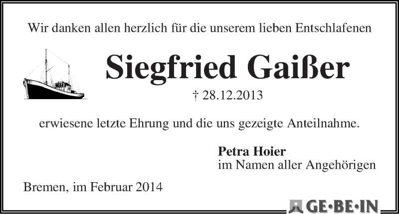 Traueranzeige von Siegfried Gaißer von WESER-KURIER