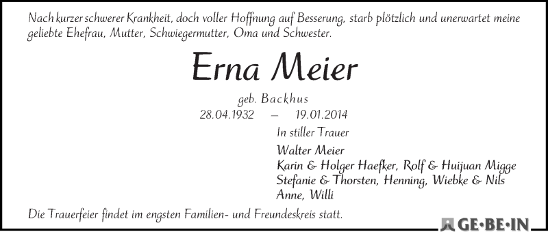 Traueranzeige von Erna Meier von WESER-KURIER