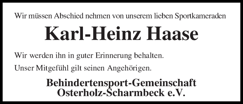 Traueranzeige von Karl-Heinz Haase von WESER-KURIER