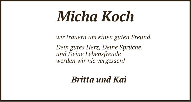  Traueranzeige für Michael Koch vom 22.01.2014 aus WESER-KURIER