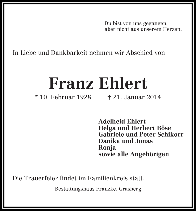 Traueranzeige von Franz Ehlert von WESER-KURIER