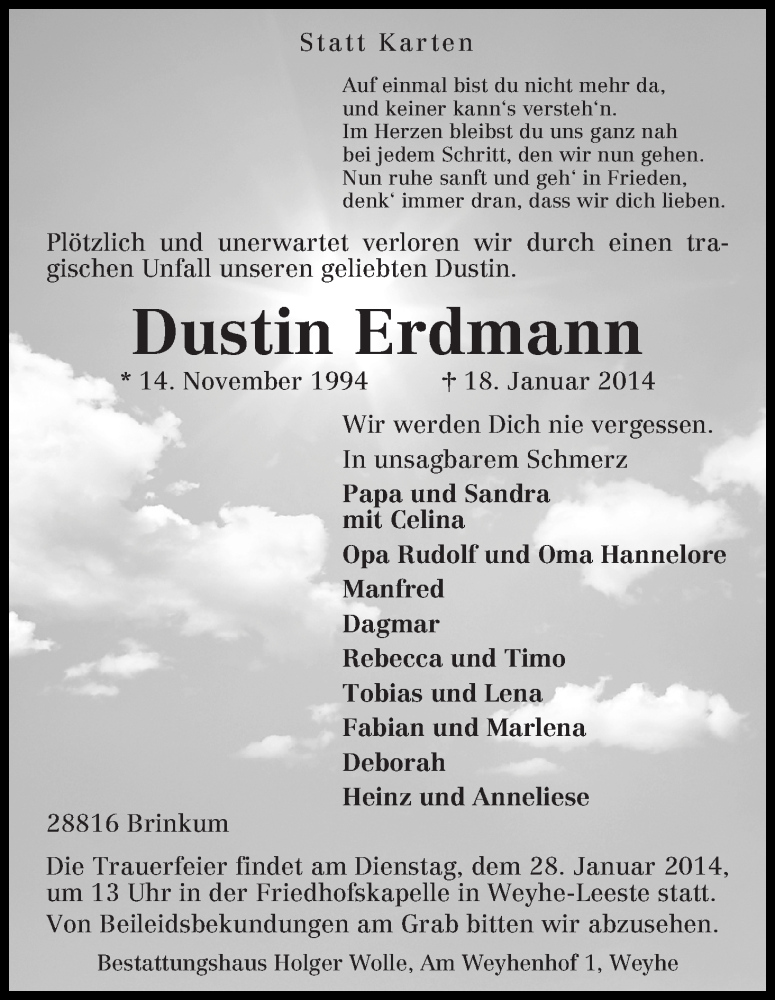  Traueranzeige für Dustin Erdmann vom 23.01.2014 aus WESER-KURIER