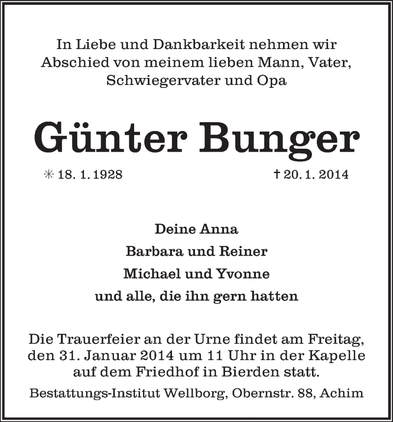 Traueranzeige von Günter Bunger von WESER-KURIER