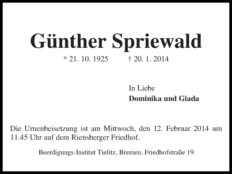 Traueranzeige von Günther Spriewald von WESER-KURIER