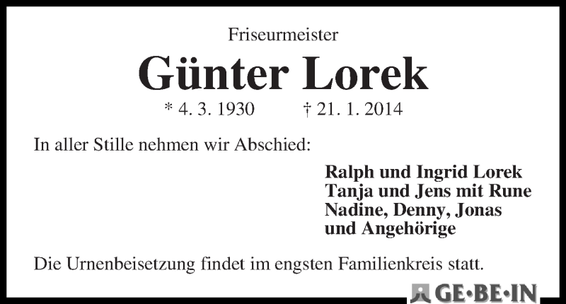 Traueranzeige von Günter Lorek von WESER-KURIER