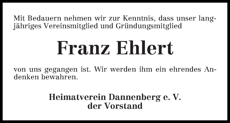Traueranzeige von Franz Ehlert von WESER-KURIER