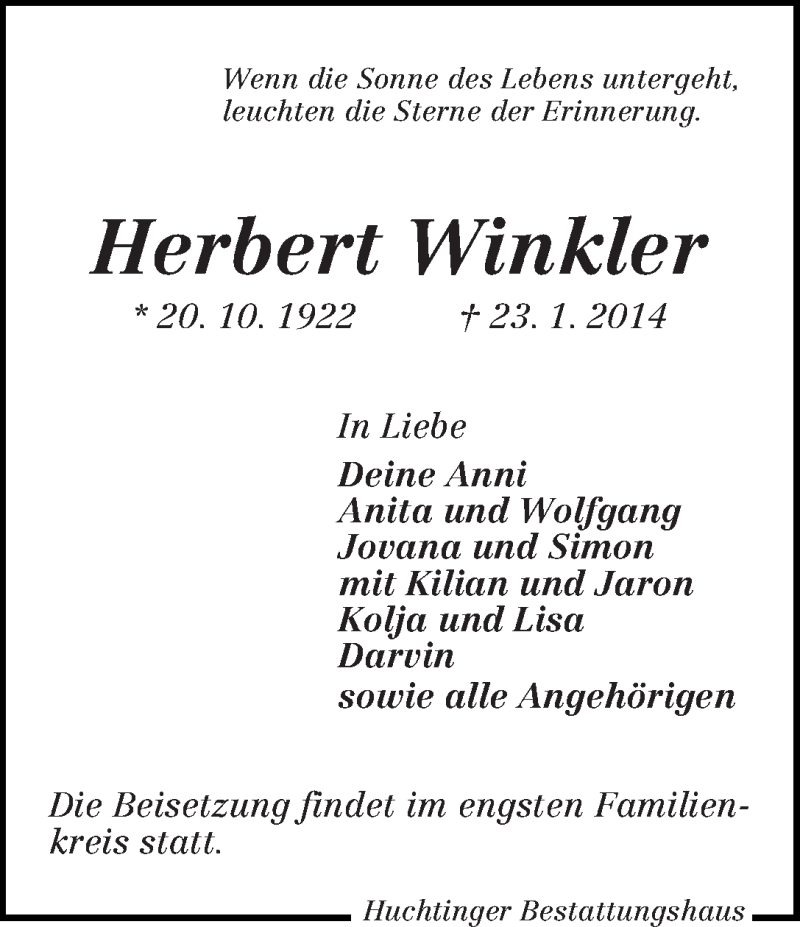 Traueranzeige von Herbert Winkler von WESER-KURIER