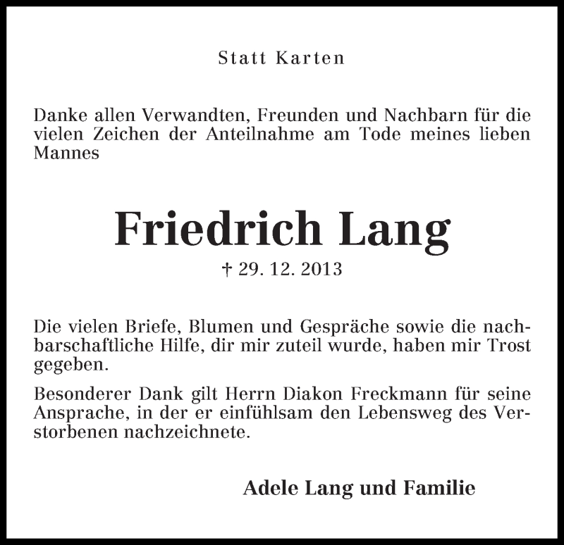Traueranzeige von Friedrich Lang von WESER-KURIER