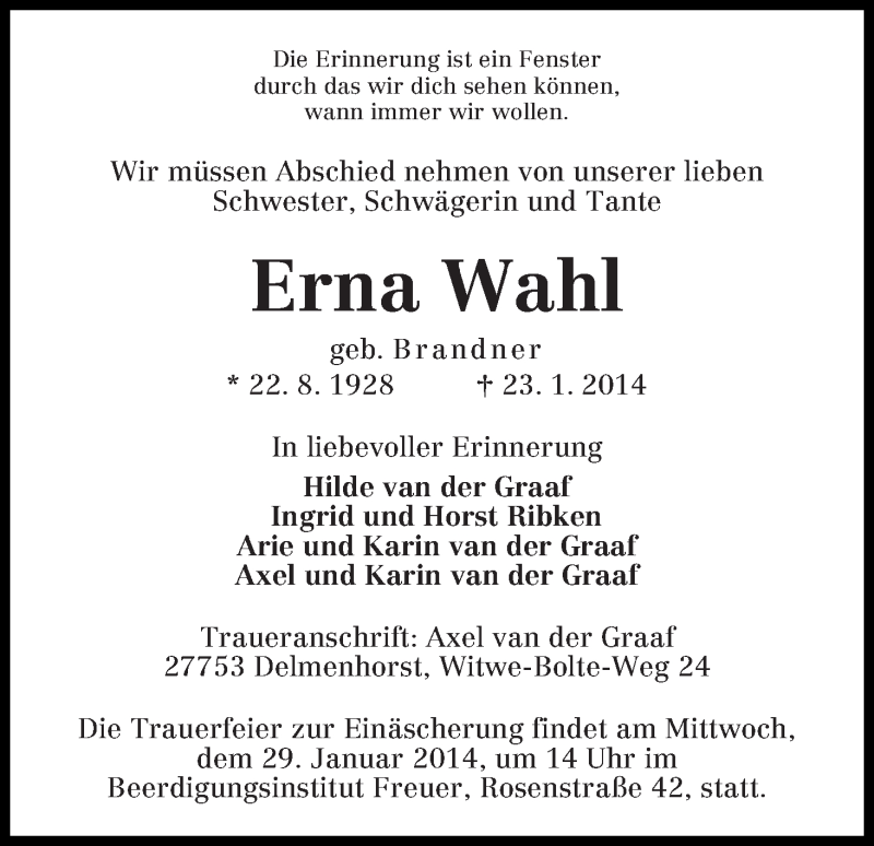 Traueranzeige von Erna Wahl von WESER-KURIER